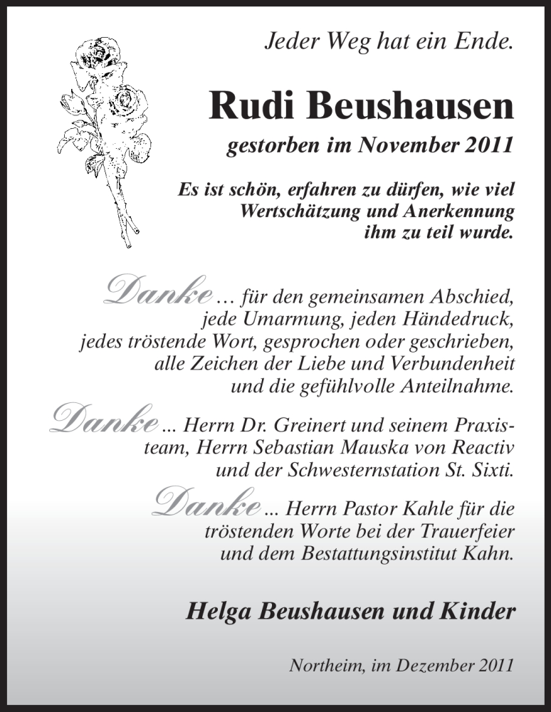  Traueranzeige für Rudi Beushausen vom 10.12.2011 aus HNA