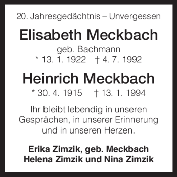 Traueranzeige von Elisabeth Meckbach von HNA