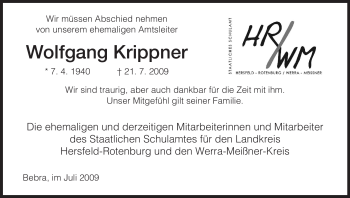 Traueranzeige von Wolfgang Krippner von HNA