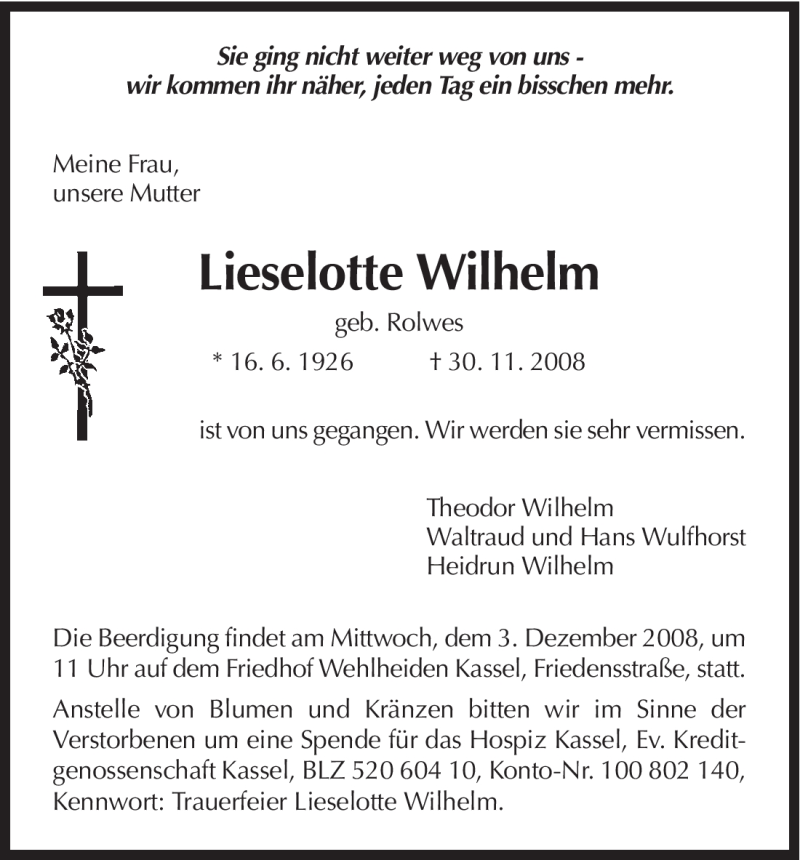  Traueranzeige für Lieselotte Wilhelm vom 02.12.2008 aus HNA