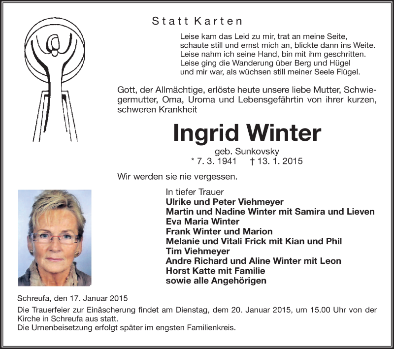  Traueranzeige für Ingrid Winter vom 17.01.2015 aus HNA