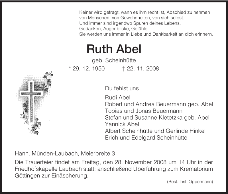  Traueranzeige für Ruth Abel vom 25.11.2008 aus HNA