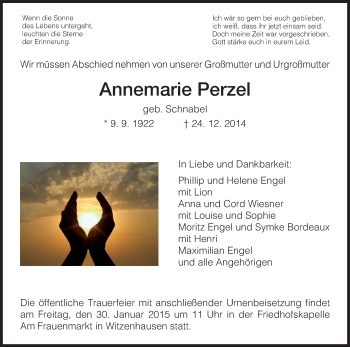 Traueranzeige von Annemarie Perzel von HNA