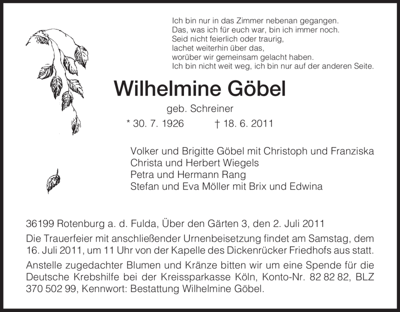  Traueranzeige für Wilhelmine Göbel vom 02.07.2011 aus HNA