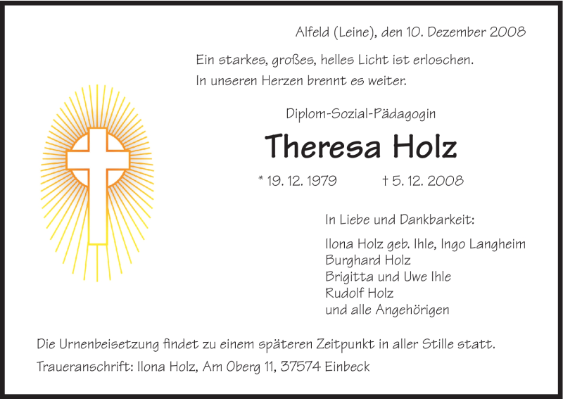  Traueranzeige für Theresa Holz vom 10.12.2008 aus HNA