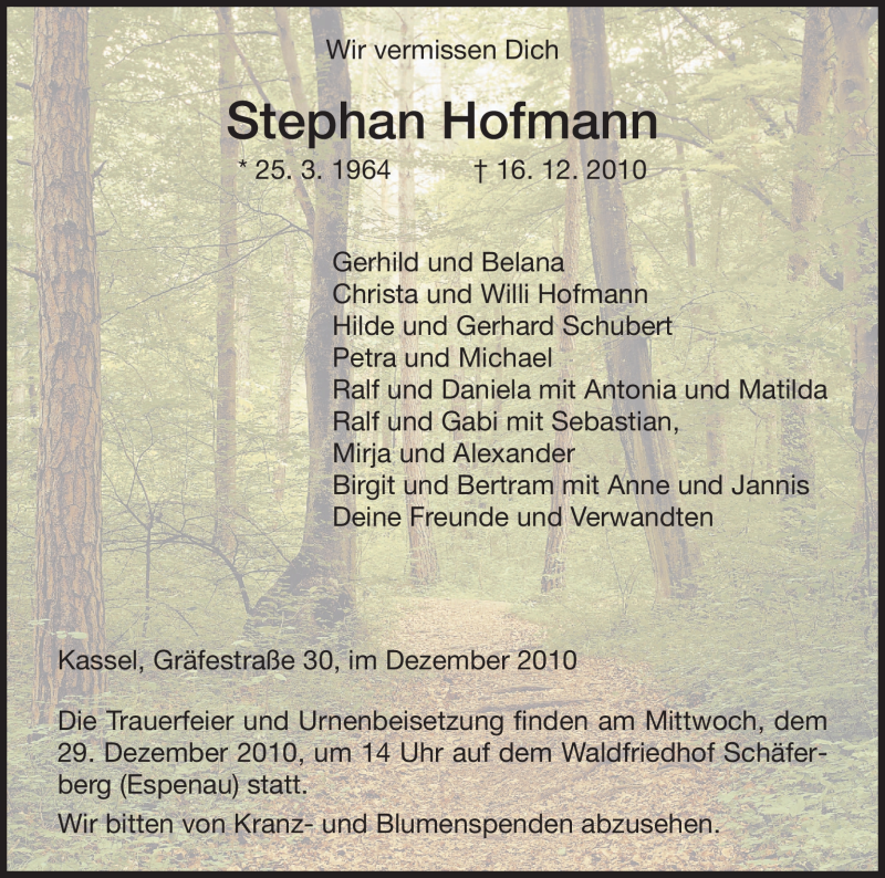  Traueranzeige für Stephan Hofmann vom 27.12.2010 aus HNA
