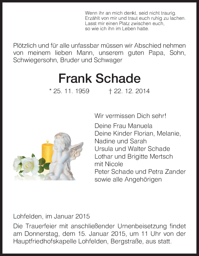  Traueranzeige für Frank Schade vom 06.01.2015 aus HNA