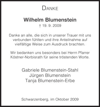 Traueranzeige von Wilhelm Blumenstein von HNA