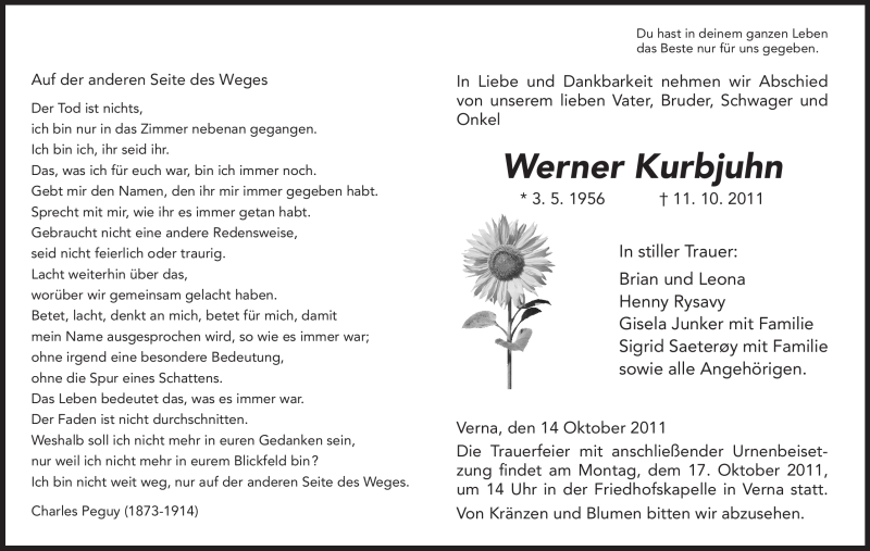  Traueranzeige für Werner Kurbjuhn vom 14.10.2011 aus HNA