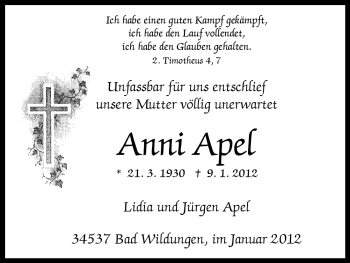 Traueranzeige von Anni Apel von HNA
