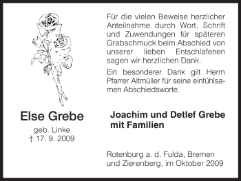 Traueranzeige von Else Grebe von HNA