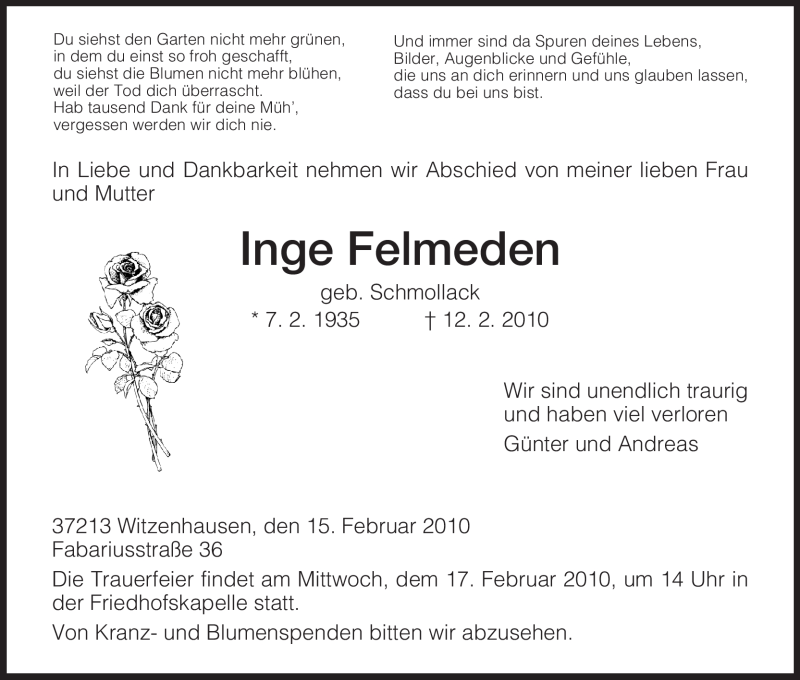  Traueranzeige für Inge Felmeden vom 15.02.2010 aus HNA