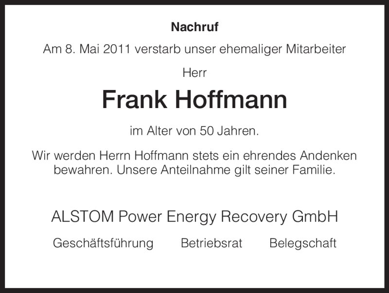  Traueranzeige für Frank Hoffmann vom 10.05.2011 aus HNA