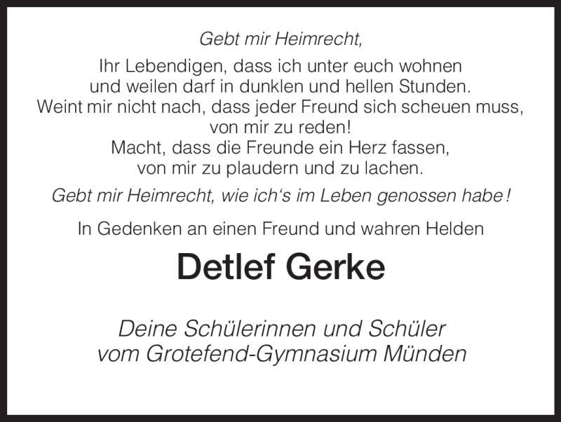  Traueranzeige für Detlef Gerke vom 04.02.2012 aus HNA