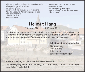 Traueranzeige von Helmut Haag von HNA