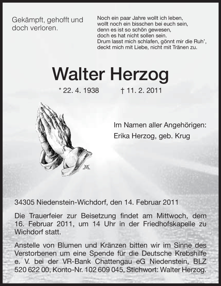  Traueranzeige für Walter Herzog vom 14.02.2011 aus HNA