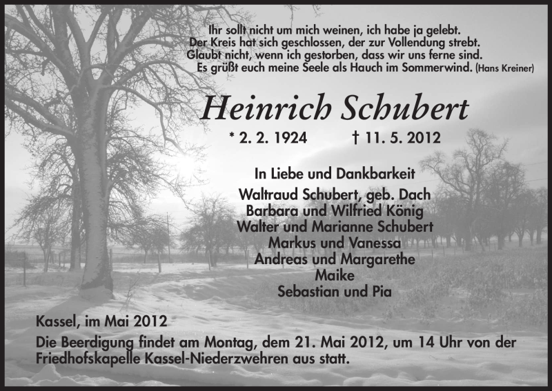  Traueranzeige für Heinrich Schubert vom 16.05.2012 aus HNA