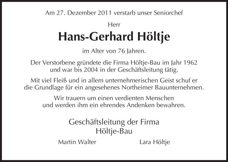  Traueranzeige für Hans-Gerhard Höltje vom 30.12.2011 aus HNA