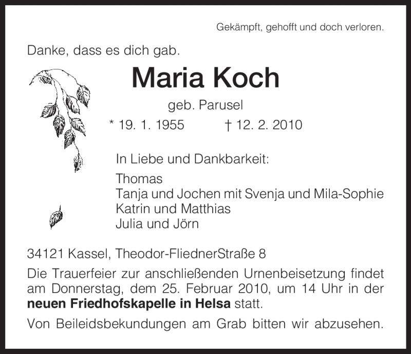 Traueranzeige für Maria Koch vom 20.02.2010 aus HNA