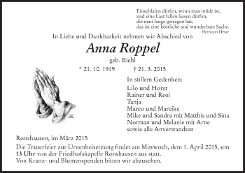 Traueranzeige von Anna Roppel von HNA