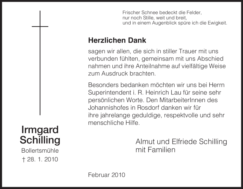  Traueranzeige für Irmgard Schilling vom 27.02.2010 aus HNA