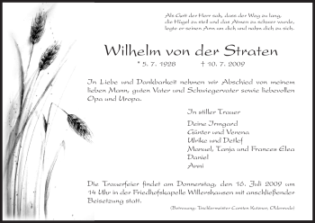 Traueranzeige von Wilhelm von der Straten von HNA