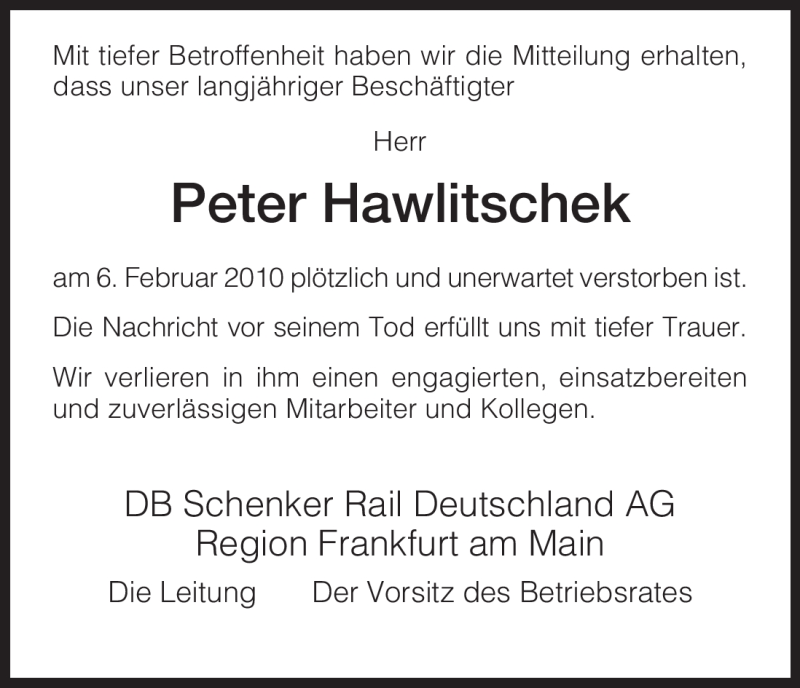  Traueranzeige für Peter Hawlitschek vom 12.02.2010 aus HNA
