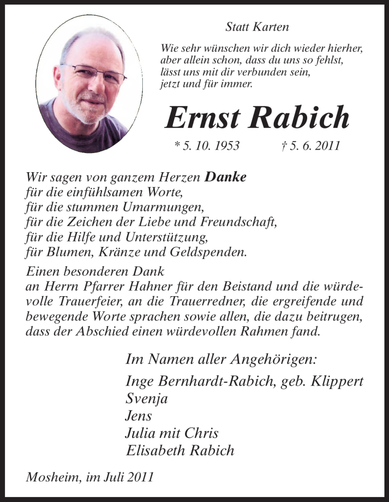 Traueranzeige für Ernst Rabich vom 30.07.2011 aus HNA
