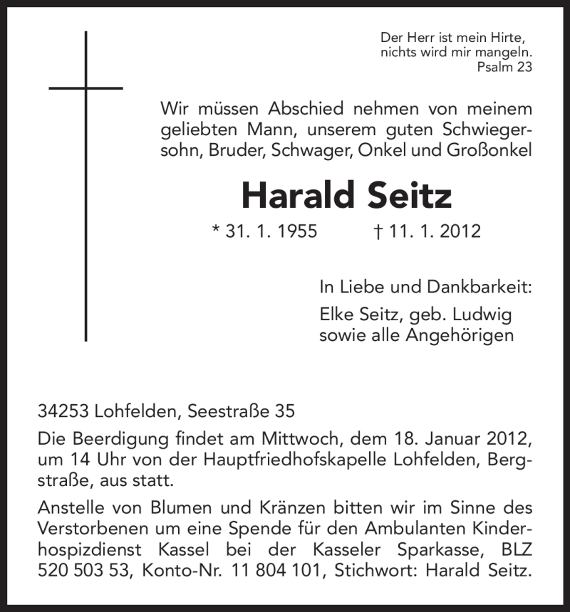  Traueranzeige für Harald Seitz vom 14.01.2012 aus HNA