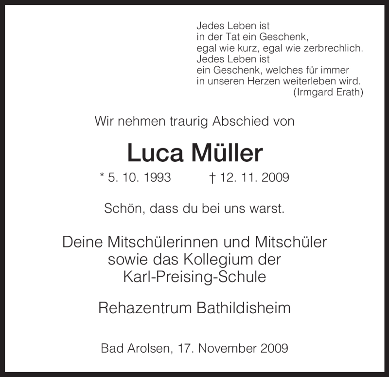  Traueranzeige für Luca Müller vom 21.11.2009 aus HNA