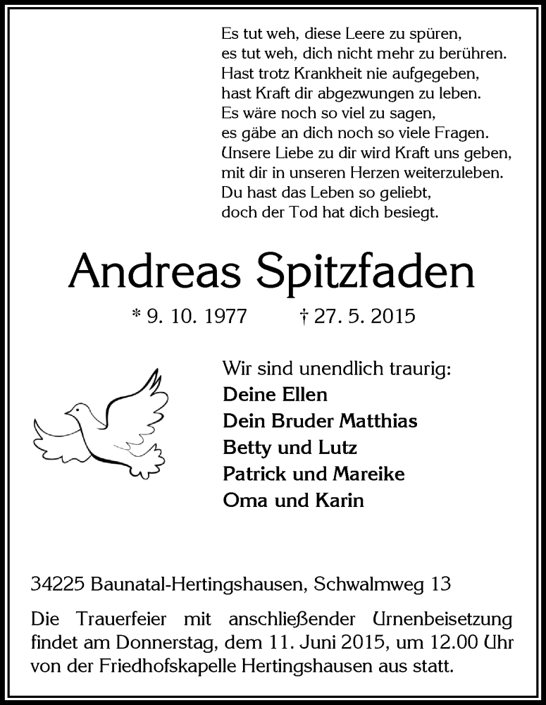  Traueranzeige für Andreas Spitzfaden vom 06.06.2015 aus HNA
