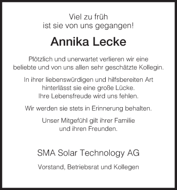 Traueranzeige von Annika Lecke von HNA