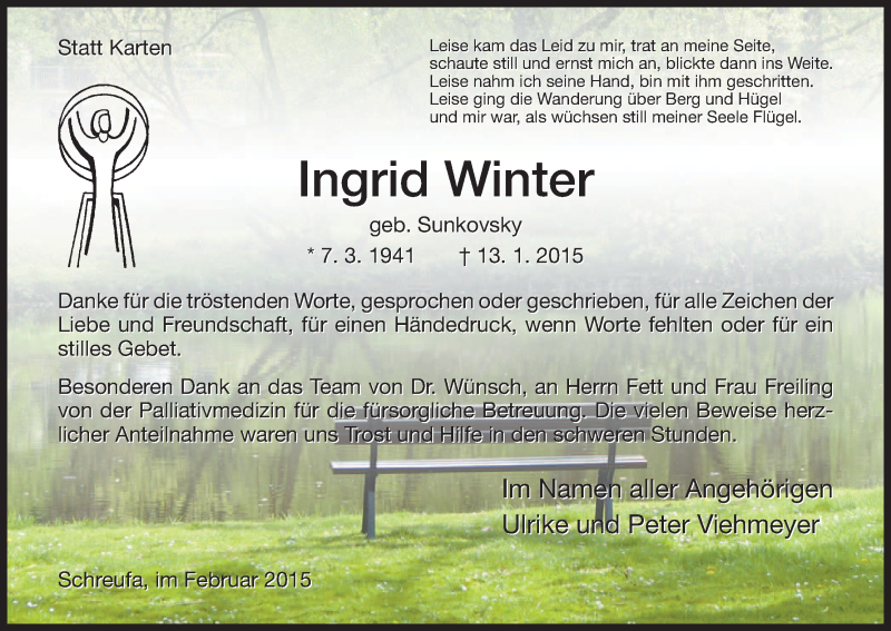  Traueranzeige für Ingrid Winter vom 14.02.2015 aus HNA