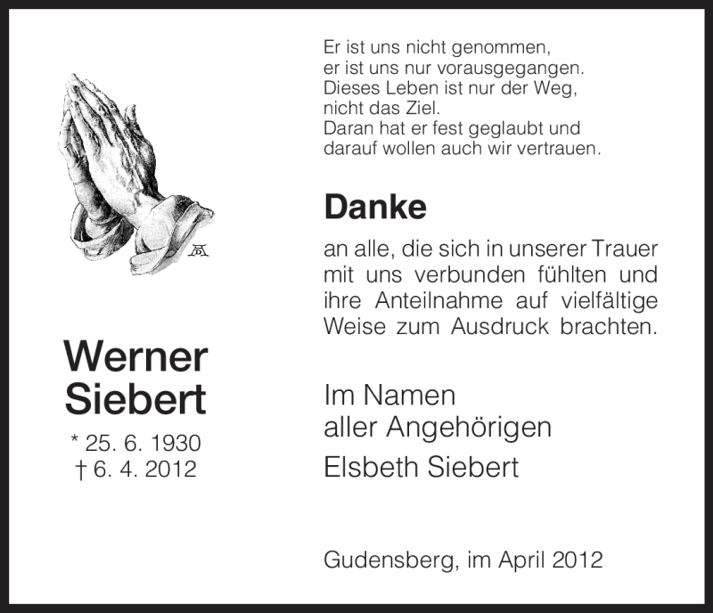  Traueranzeige für Werner Siebert vom 21.04.2012 aus HNA