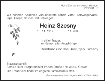 Traueranzeige von Heinz Szesny von HNA