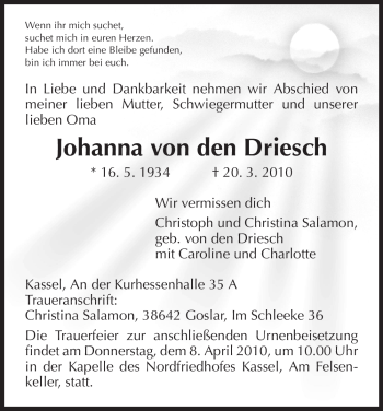 Traueranzeige von Johanna von den Driesch von HNA