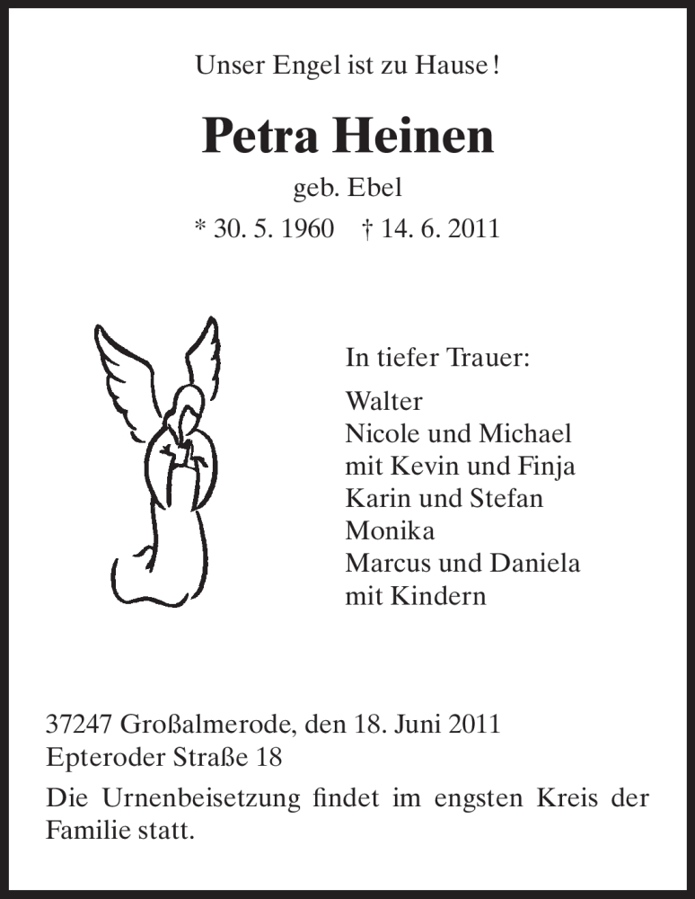  Traueranzeige für Petra Heinen vom 18.06.2011 aus HNA