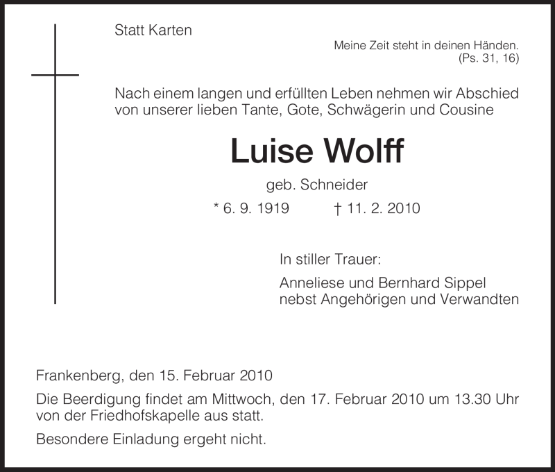  Traueranzeige für Luise Wolff vom 15.02.2010 aus HNA