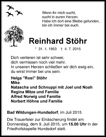 Traueranzeige von Reinhard Stöhr von HNA