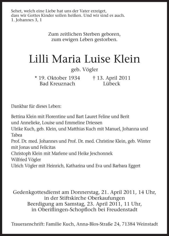  Traueranzeige für Lilli Maria Luise Klein vom 20.04.2011 aus HNA