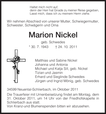 Traueranzeige von Marion Nickel von HNA