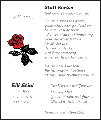 Traueranzeige von Elli Stiel von HNA