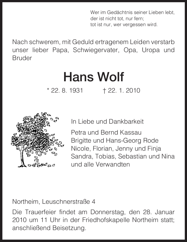  Traueranzeige für Hans Wolf vom 26.01.2010 aus HNA