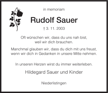 Traueranzeige von Rudolf Sauer von HNA