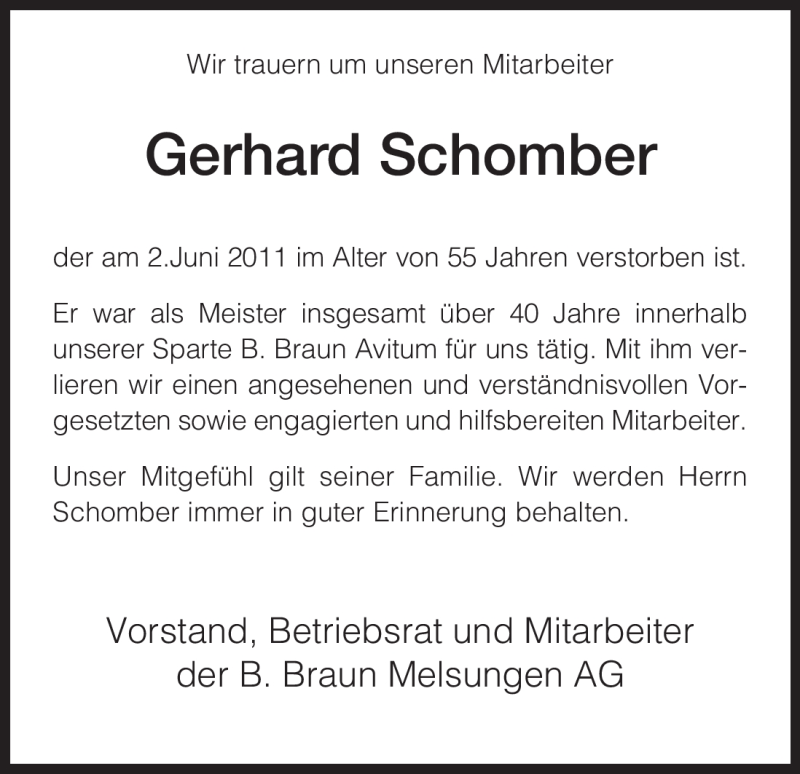  Traueranzeige für Gerhard Schomber vom 07.06.2011 aus HNA
