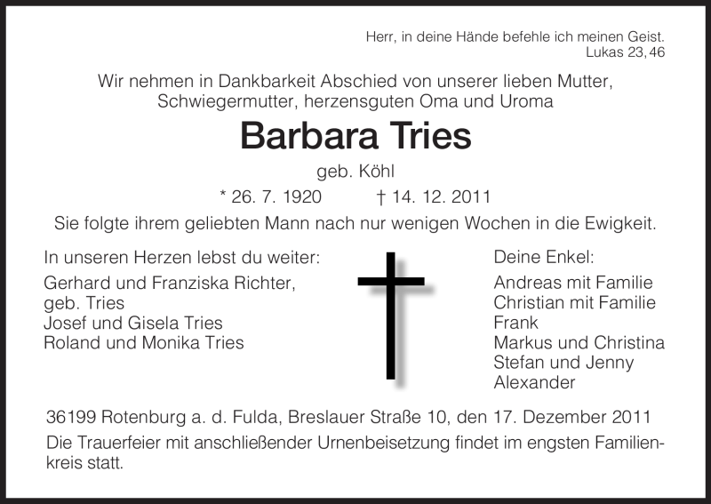  Traueranzeige für Barbara Tries vom 17.12.2011 aus HNA