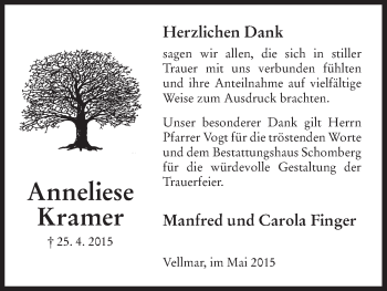 Traueranzeige von Anneliese Kramer von HNA
