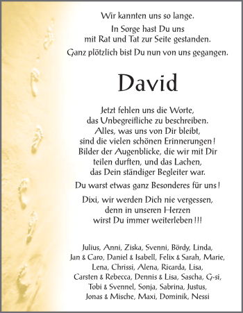 Traueranzeige von David Unbekannt von HNA