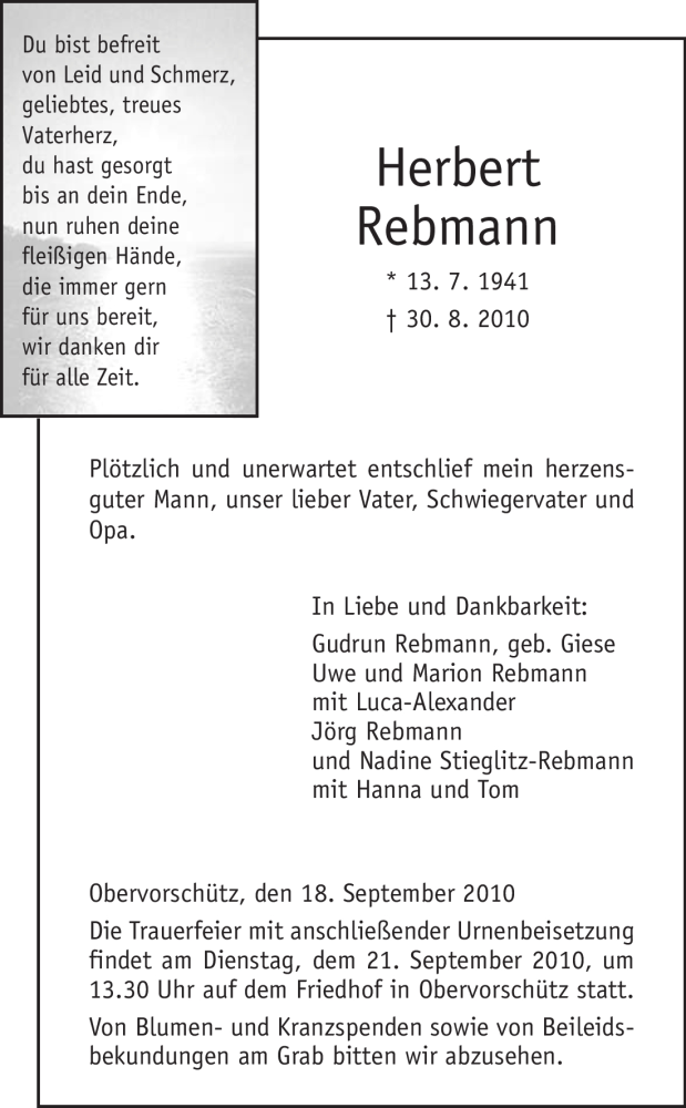 Traueranzeigen von Herbert Rebmann Trauer.HNA.de