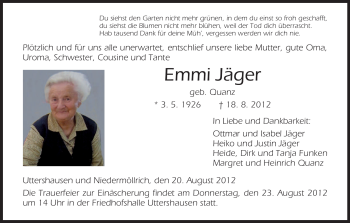 Traueranzeige von Emmi Jäger von HNA